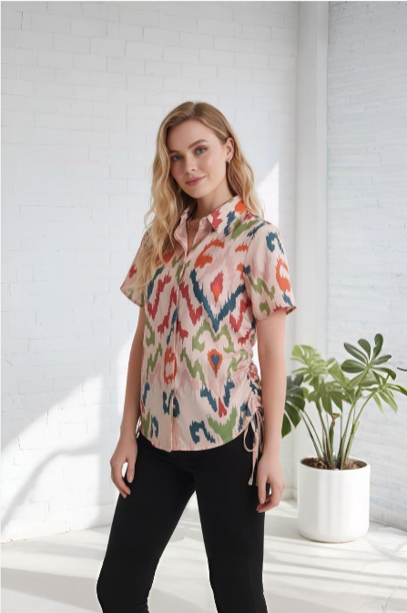 Printed Side-Ruched Casual Shirt