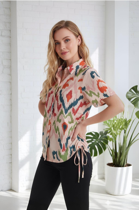 Printed Side-Ruched Casual Shirt