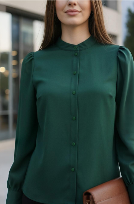 Classic High-Neck Puff Sleeve Button-Down Shirt