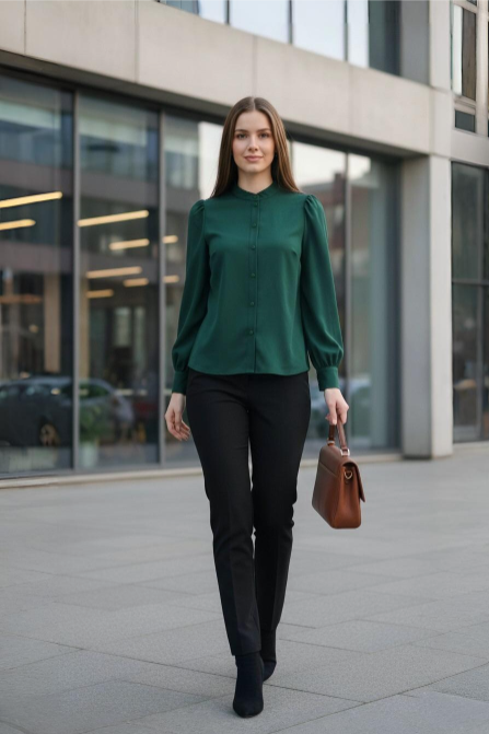 Classic High-Neck Puff Sleeve Button-Down Shirt