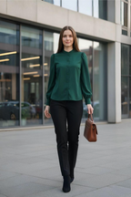 Classic High-Neck Puff Sleeve Button-Down Shirt