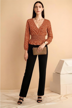 Floral Printed Georgette Smocked Waist Top with Long Sleeves and V Neckline