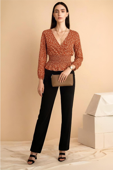 Floral Printed Georgette Smocked Waist Top with Long Sleeves and V Neckline