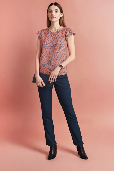 Floral Printed Cotton Top with Cap Sleeves and Round Neckline