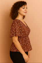 Floral Print V-Neck Peplum Top with Flutter Sleeves