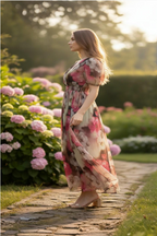 Multicolor Floral V Neck Puff Sleeve Dress