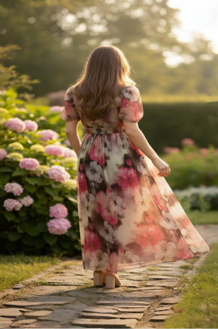 Multicolor Floral V Neck Puff Sleeve Dress