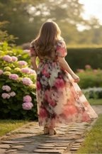 Multicolor Floral V Neck Puff Sleeve Dress