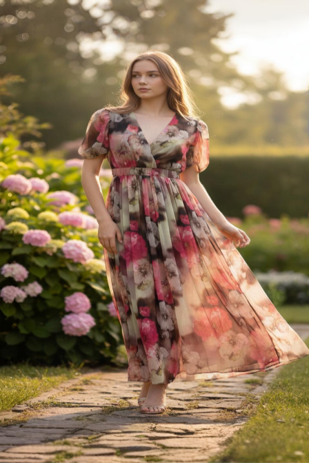 Multicolor Floral V Neck Puff Sleeve Dress