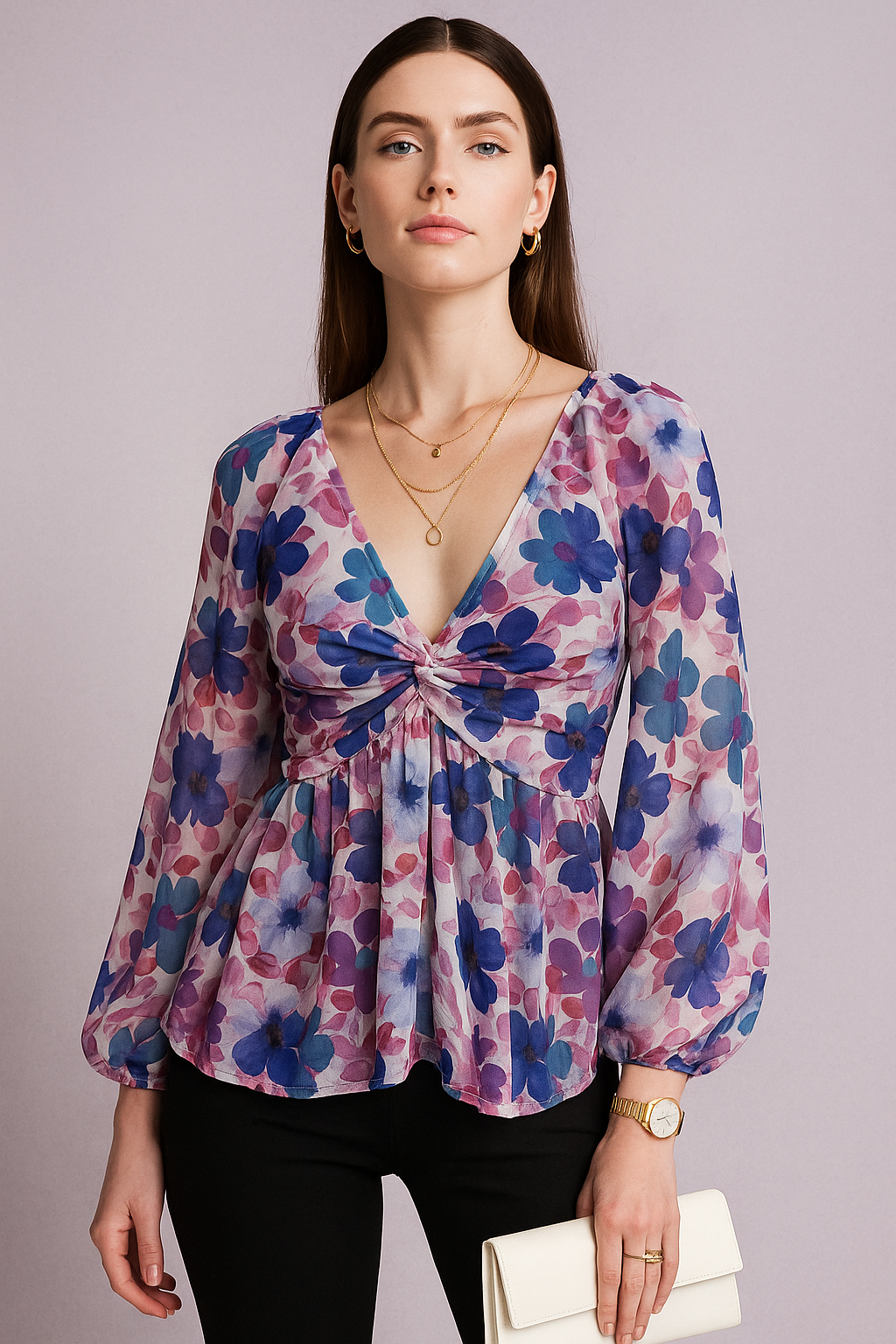 Multicolor Floral Printed Chiffon Peplum Top with Long Sleeves and Front Twist Detail