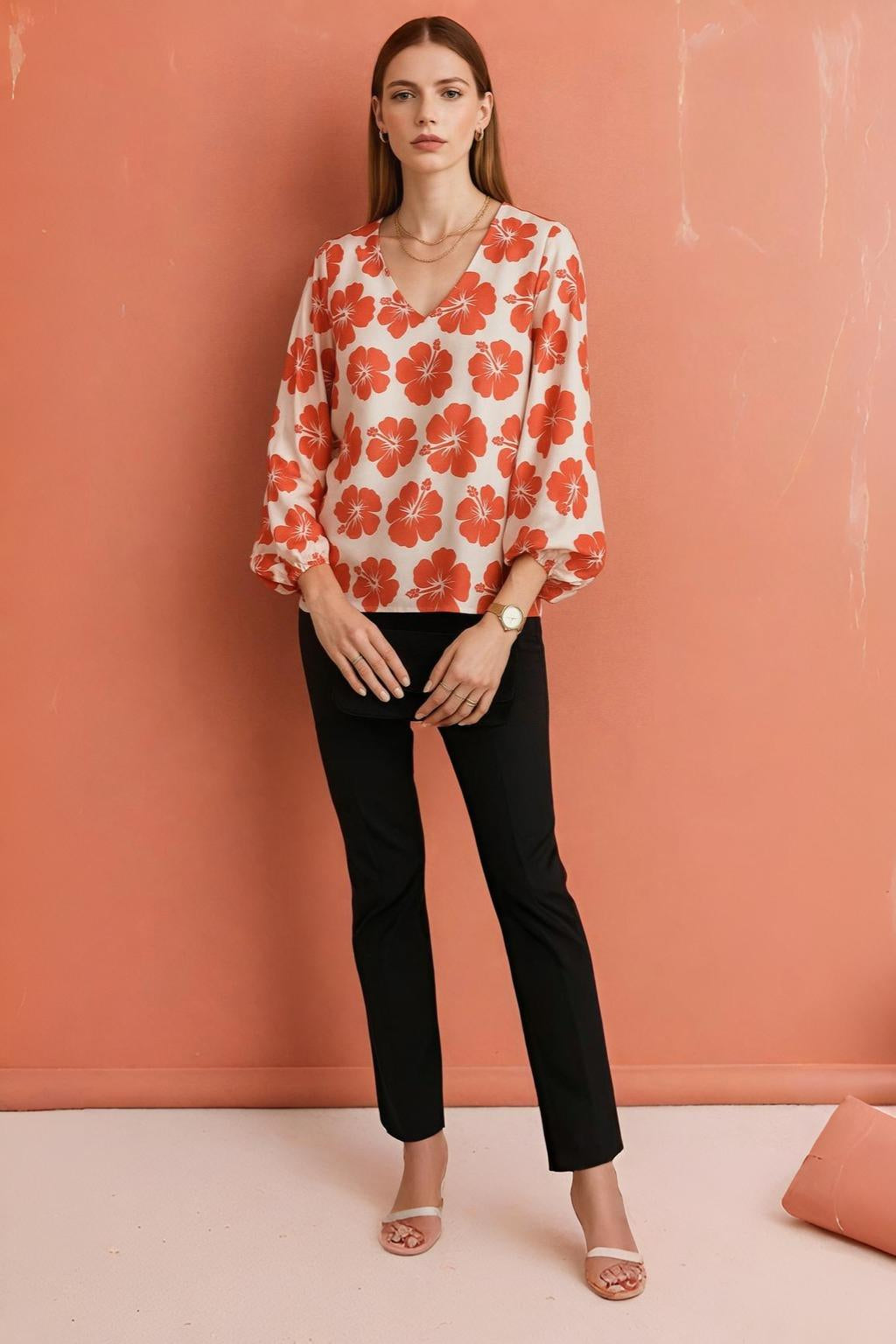 V-Neck Cream Top with Bold Hibiscus Floral Print and Long Sleeves