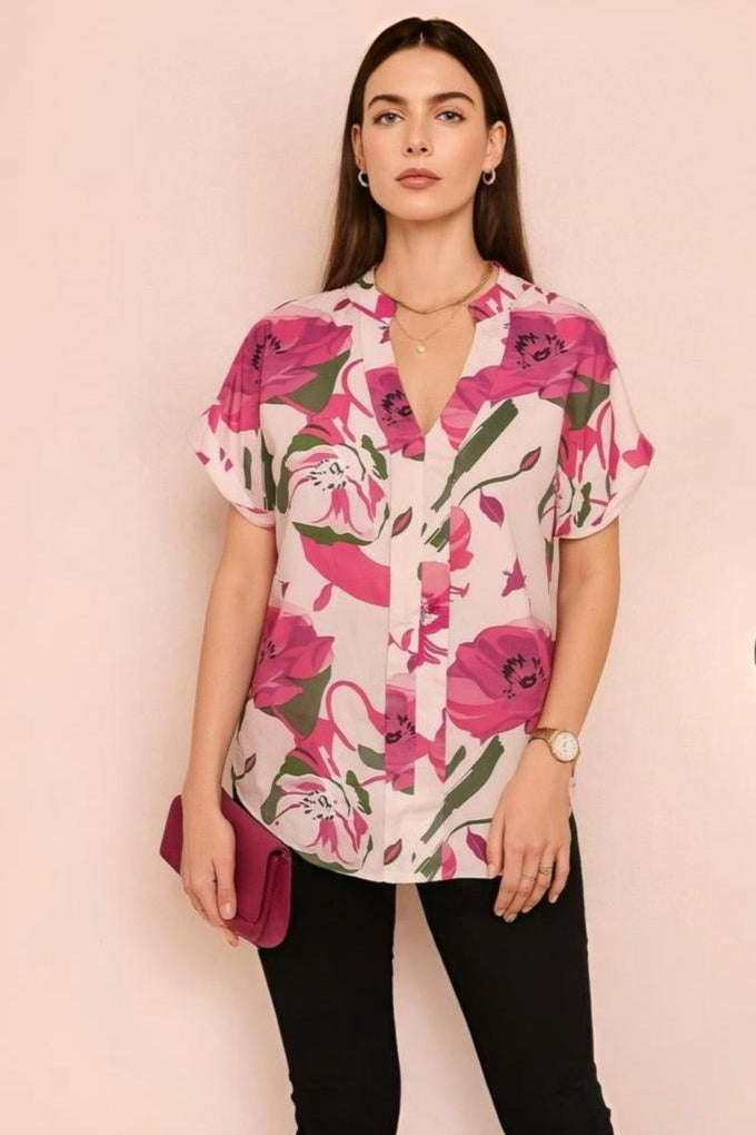 V-Neck Short Sleeve Top with Bold Floral Print