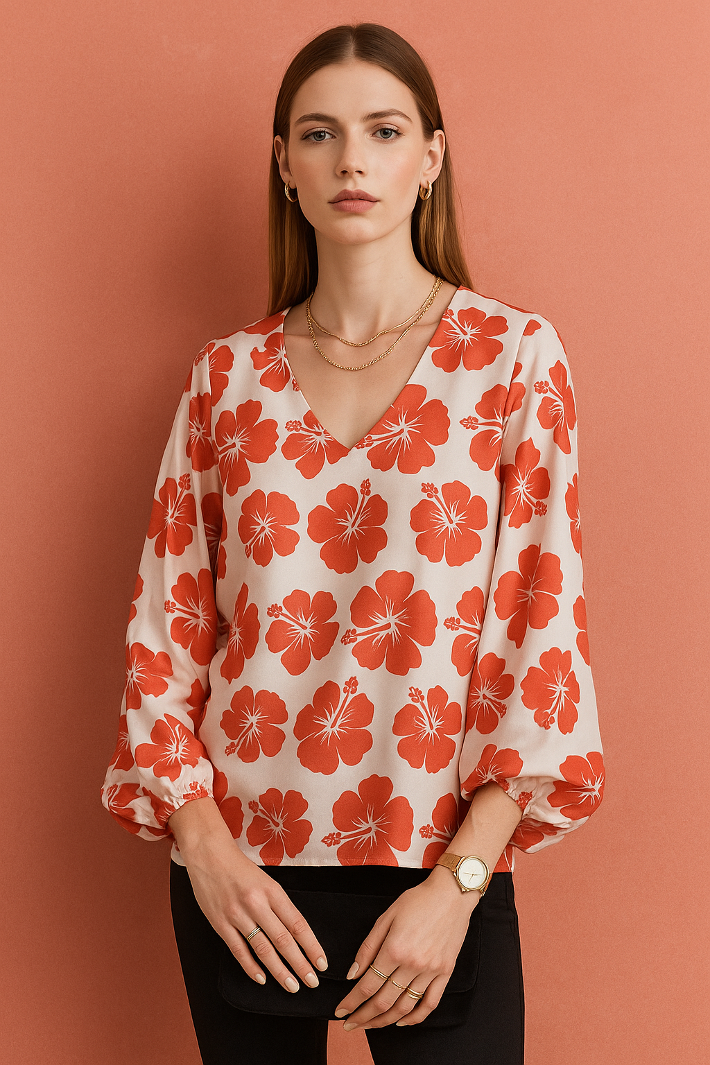 V-Neck Cream Top with Bold Hibiscus Floral Print and Long Sleeves