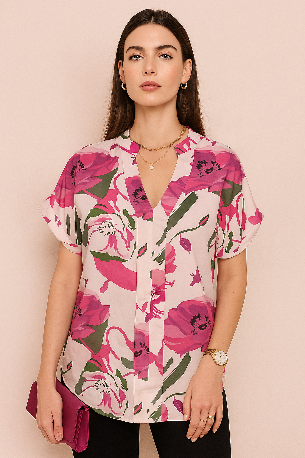 V-Neck Short Sleeve Top with Bold Floral Print