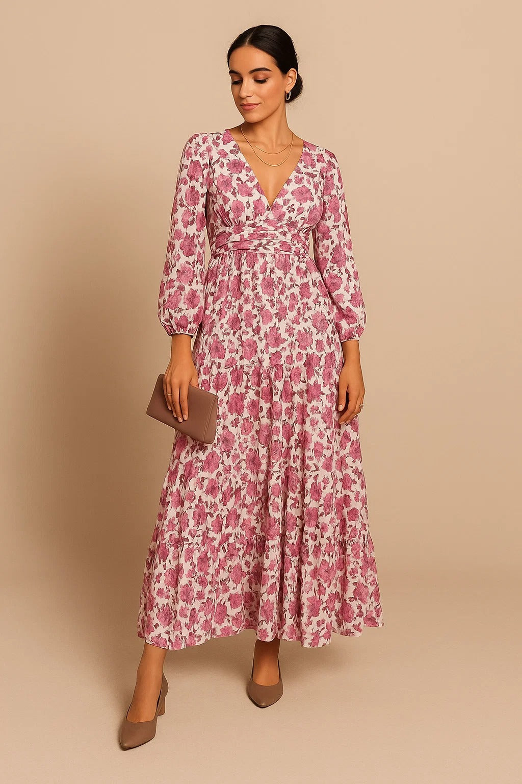 Roseate Bloom Print V-Neck Long Maxi Dress