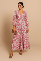 Roseate Bloom Print V-Neck Long Maxi Dress