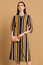 Multicolor Vertical Stripe Mandarin Collar Cotton Dress