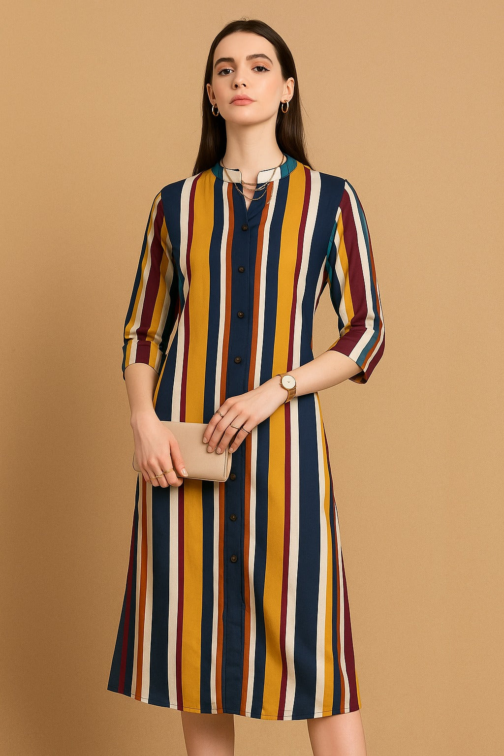 Multicolor Vertical Stripe Mandarin Collar Cotton Dress