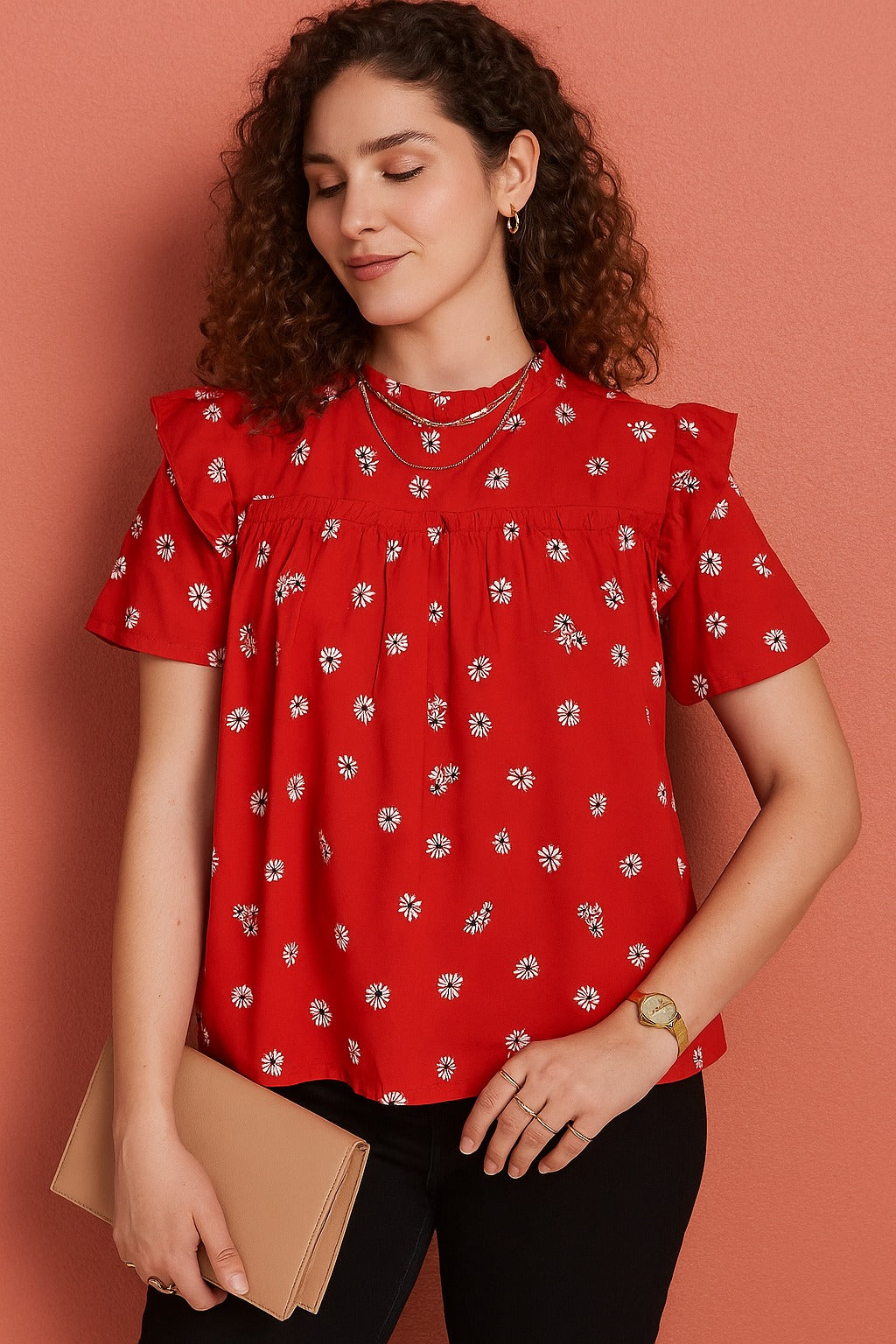Ruffle Sleeve Top with Daisy Print and Shirred Neckline