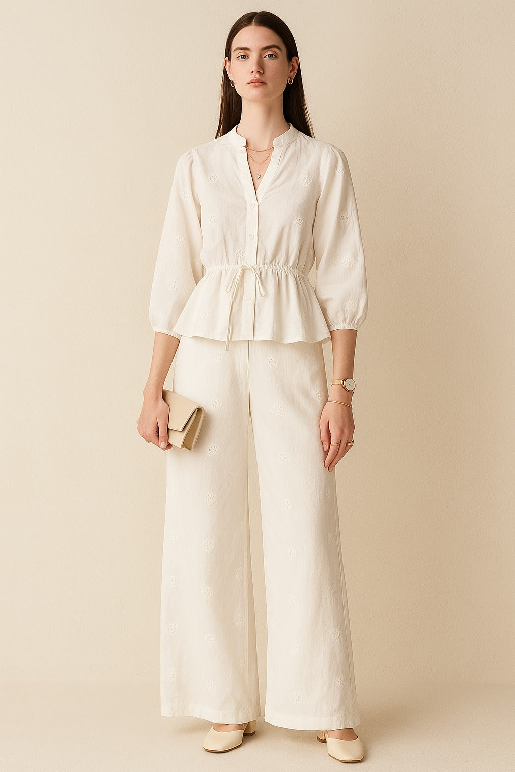 Embroidered Mandarin Collar Cotton Co-ord Set