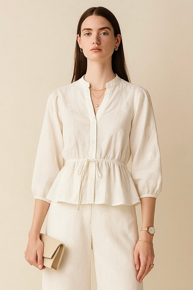 Embroidered Mandarin Collar Cotton Co-ord Set
