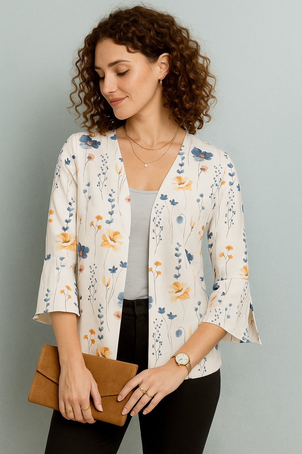 Cream Floral Printed Jacket with Slit Sleeves and Open Front