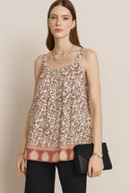Beige Floral Printed Top with Broad Straps and Border Hem