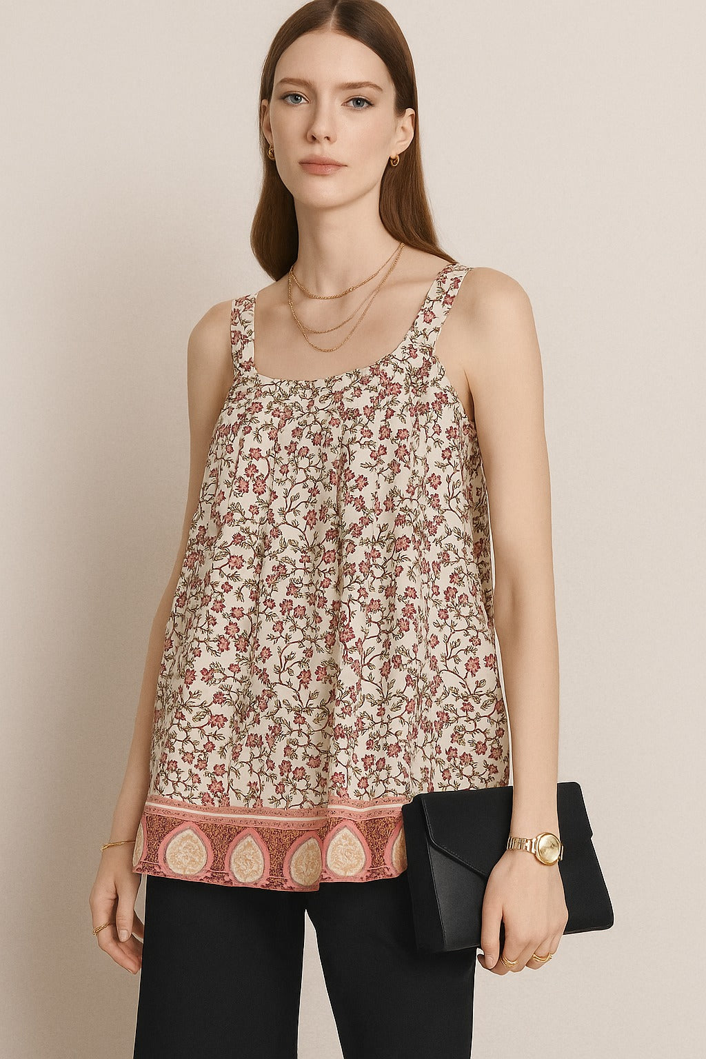 Beige Floral Printed Top with Broad Straps and Border Hem