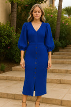 V Neck Button Down Knit Midi Dress