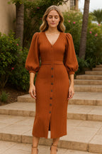 V Neck Button Down Knit Midi Dress