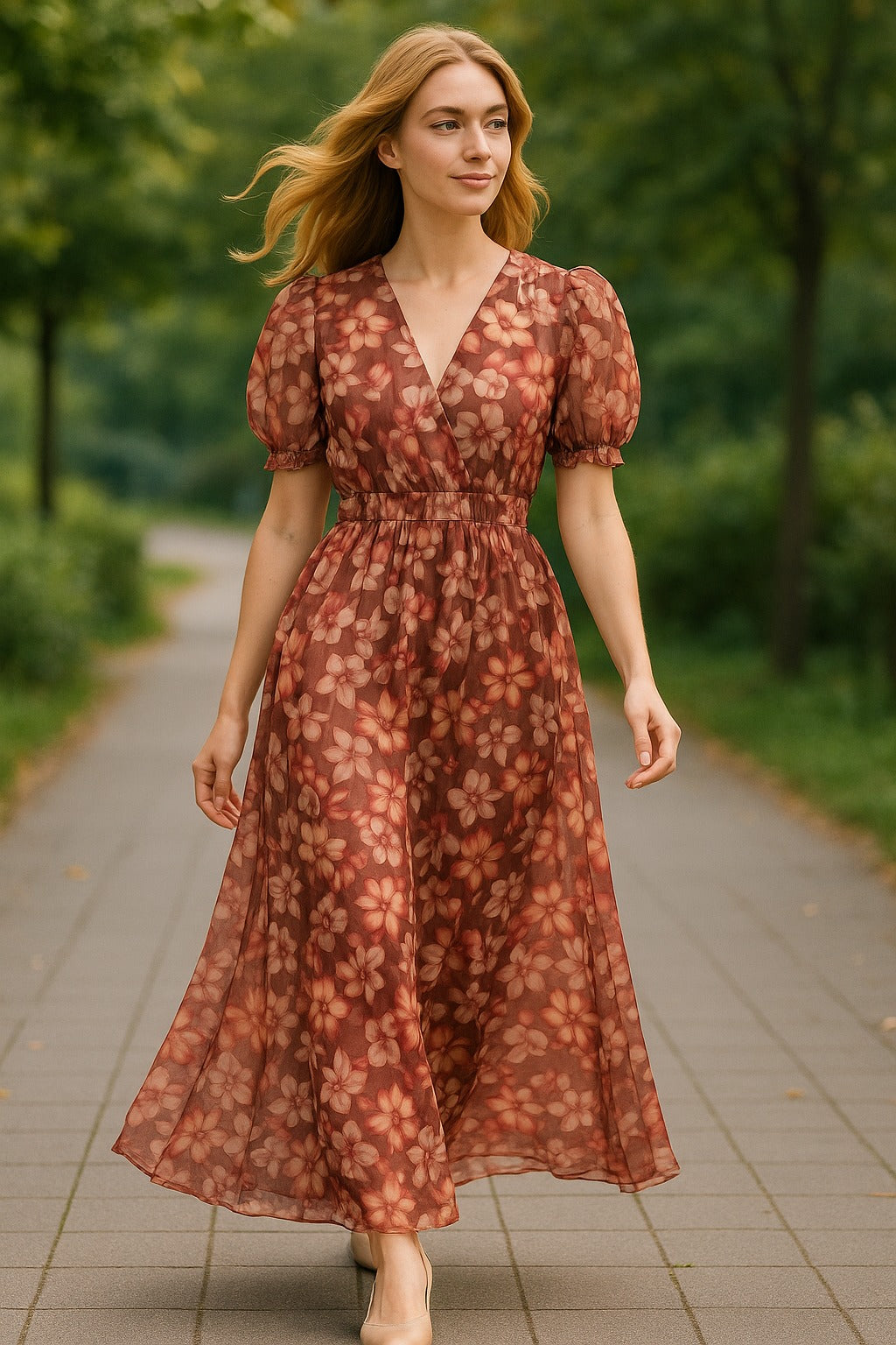 Maroon Floral V Neck Puff Sleeve Georgette Maxi Dress