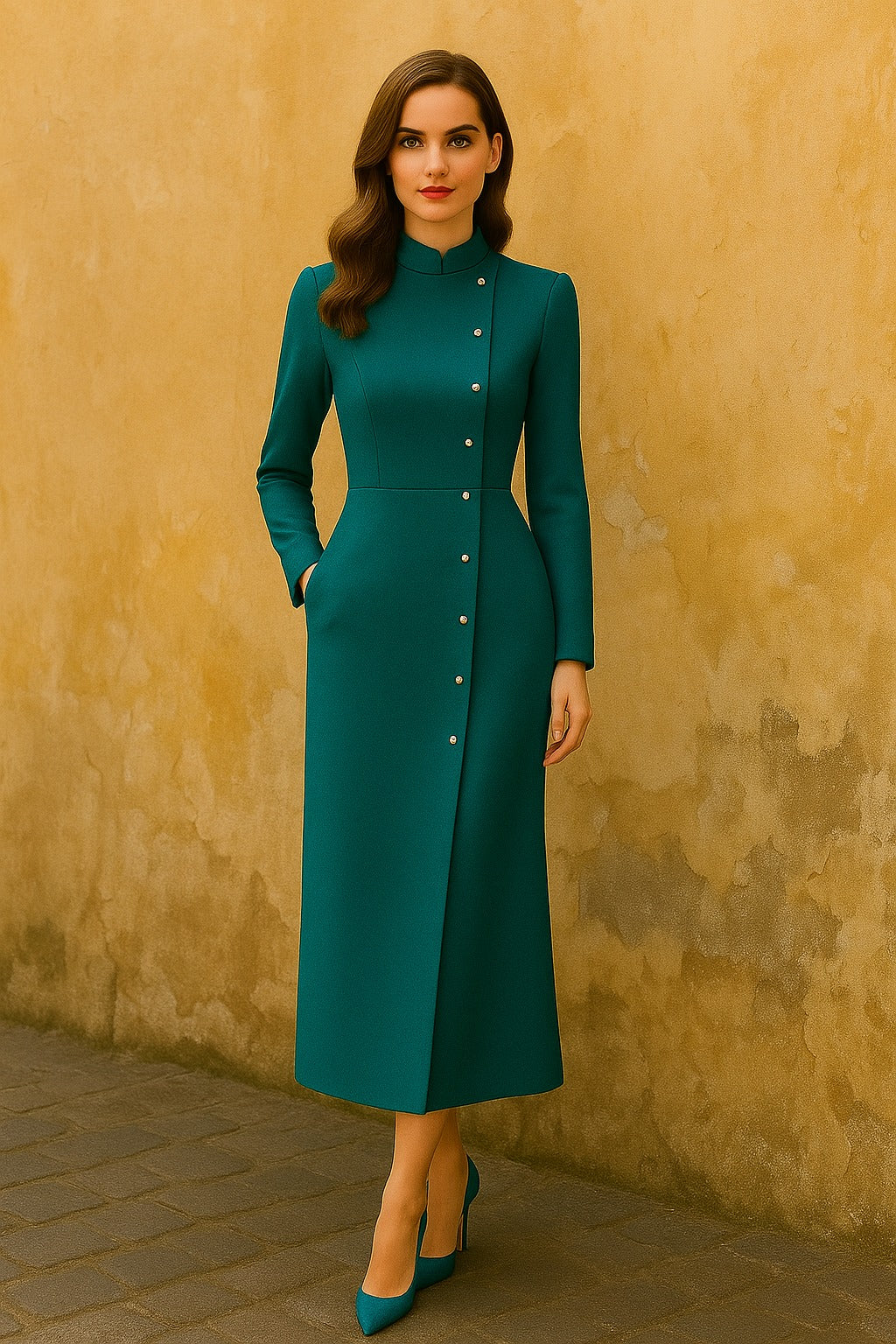 Black Teal Button-Front High Collar Midi Dress