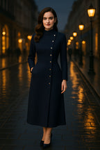 Black Teal Button-Front High Collar Midi Dress