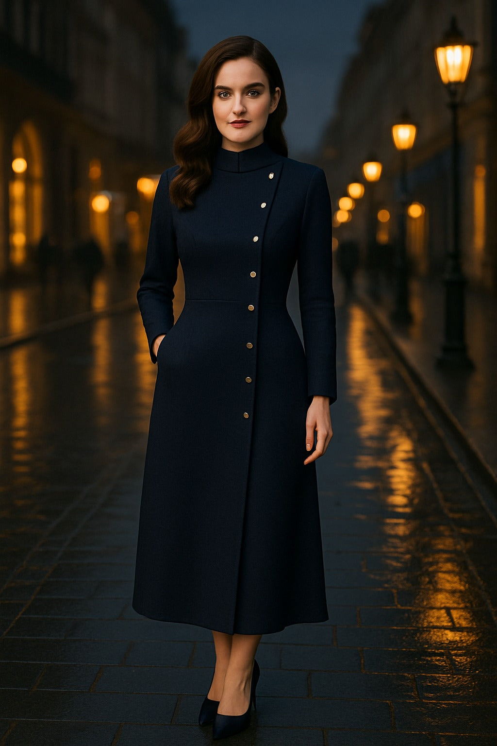 Black Teal Button-Front High Collar Midi Dress