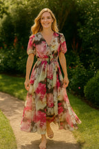 Multicolor Floral V Neck Puff Sleeve Dress