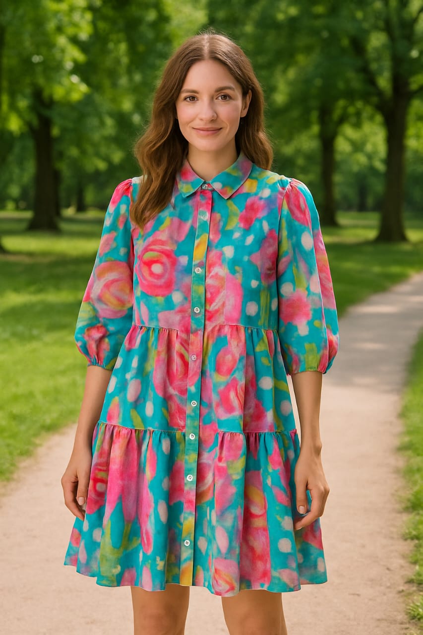 Watercolour floral tiered smock shirt dress