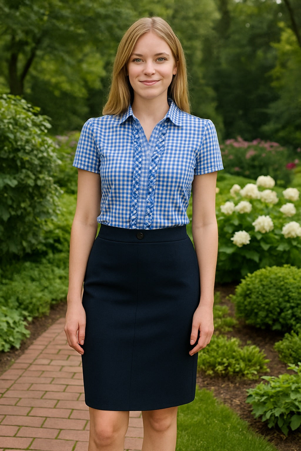 Blue & White Gingham Ruffle Button-Down Blouse paired with a Navy Pencil Skirt