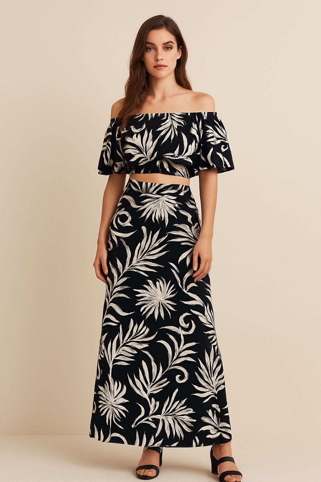 Black Off-Shoulder Crop Top with White Tropical Leaf Print and Puff Sleeves