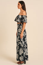 Black Off-Shoulder Crop Top with White Tropical Leaf Print and Puff Sleeves