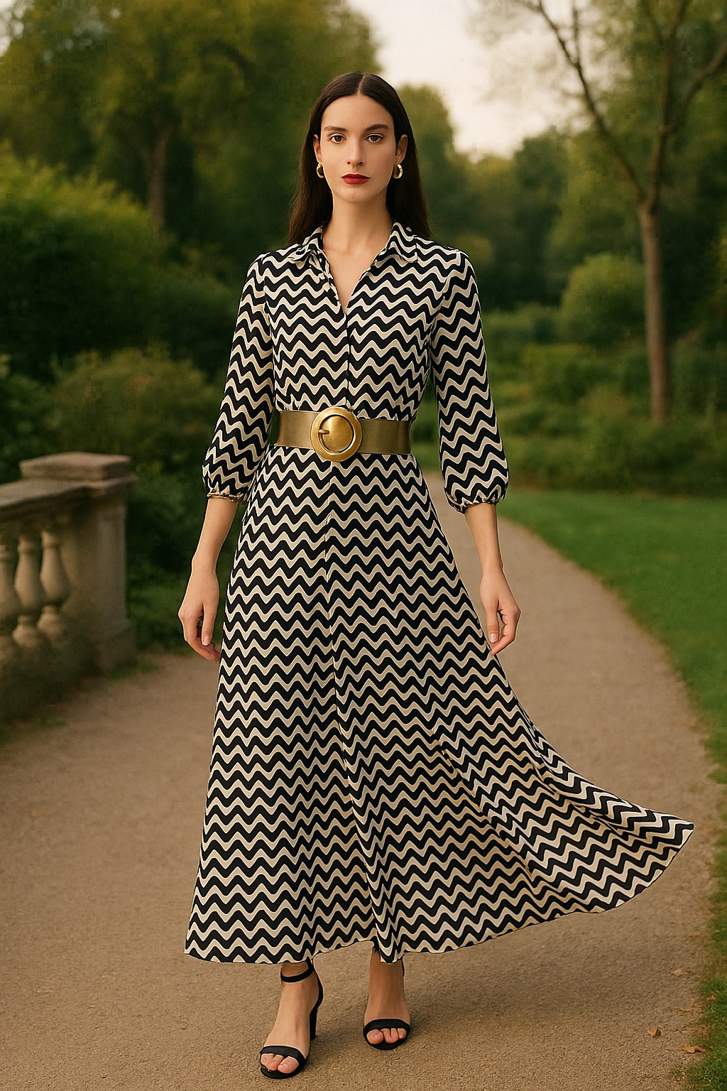 Monochrome Wave Print Shirt Maxi Dress
