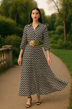 Monochrome Wave Print Shirt Maxi Dress