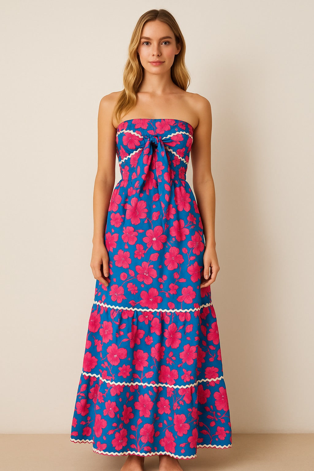 Strapless Floral Print Maxi Dress with Front Tie Detail