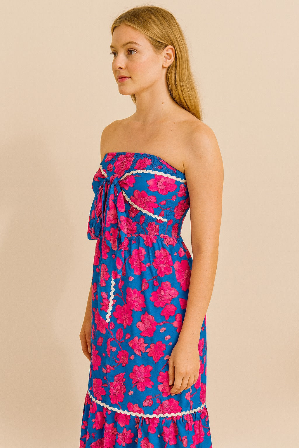 Strapless Floral Print Maxi Dress with Front Tie Detail