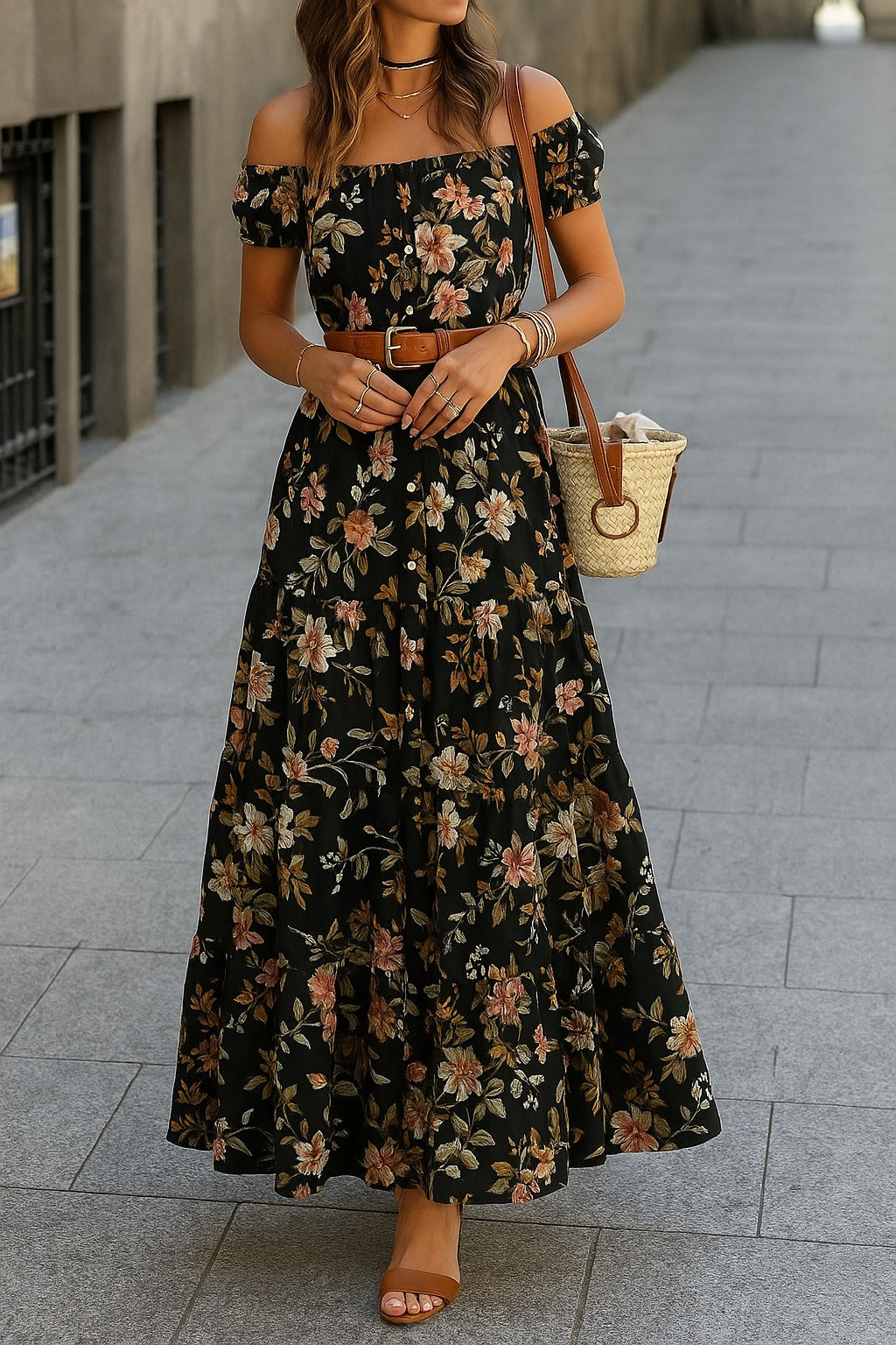 Floral Off-Shoulder Tiered Maxi Dress with Waist Tie