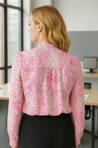 Elegant Geometric Pattern V-Neck Blouse with Puff Sleeves
