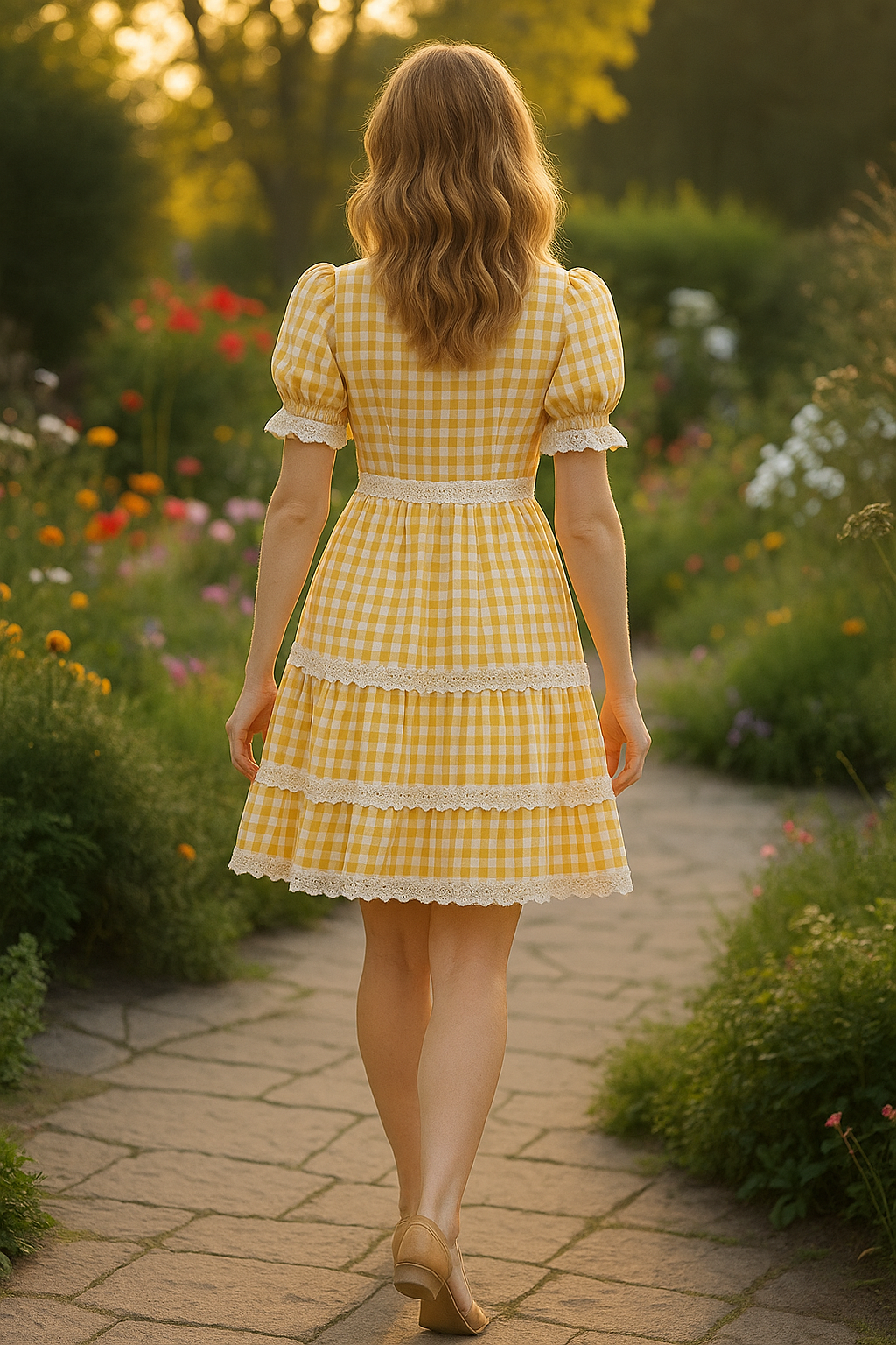 Buttercup Gingham Lace-Trim Cottage Midi Dress