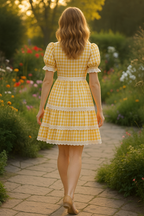 Buttercup Gingham Lace-Trim Cottage Midi Dress