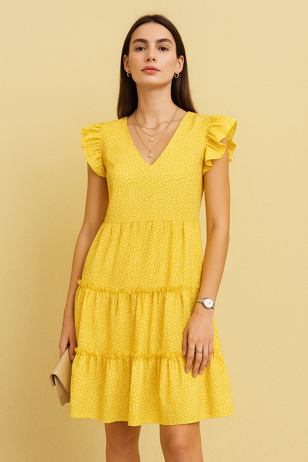 Polka Dot Ruffle Sleeve Tiered Dress