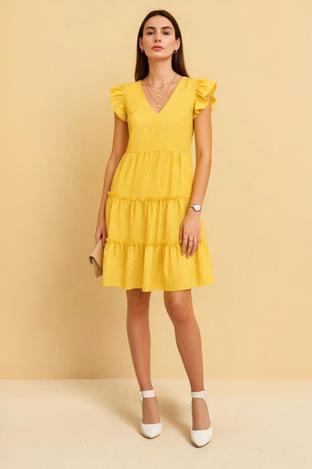 Polka Dot Ruffle Sleeve Tiered Dress
