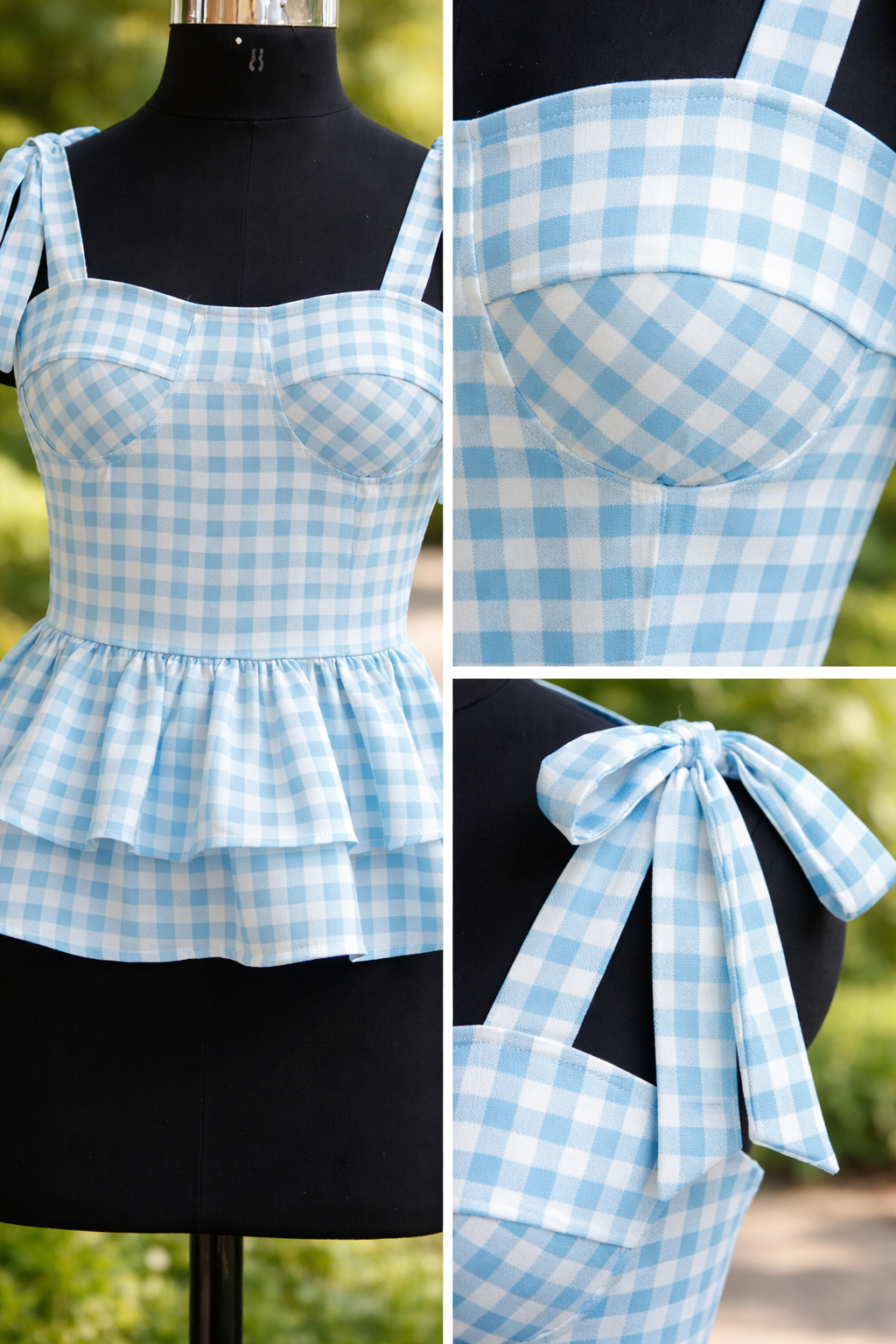 Blue Gingham Tie-Shoulder Peplum Top (Sky Blue & White/Green &white)